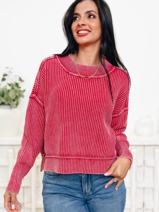 Zenana Sweaters - Zenana Outfitters Mineral washed Red Ribbed Crewneck Sweater